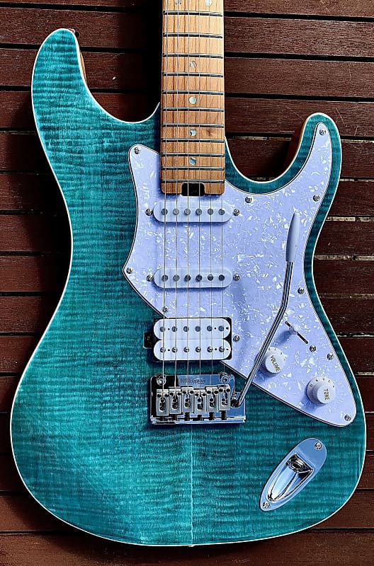 Immagine Aria Pro II 714-MK2 TQBL FULLERTON Turquoise Blue Flame Top Guitar *Demo Video Inside* - 1