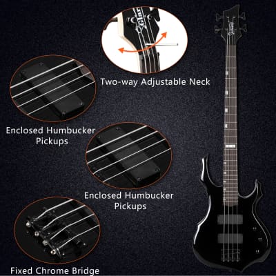 Glarry Full Size 4 String Burning Fire Enclosed H-H Pickup Electric Bass Guitar with 20W Amplifier Bag Strap Connector Wrench Tool 2020s - Black image 21