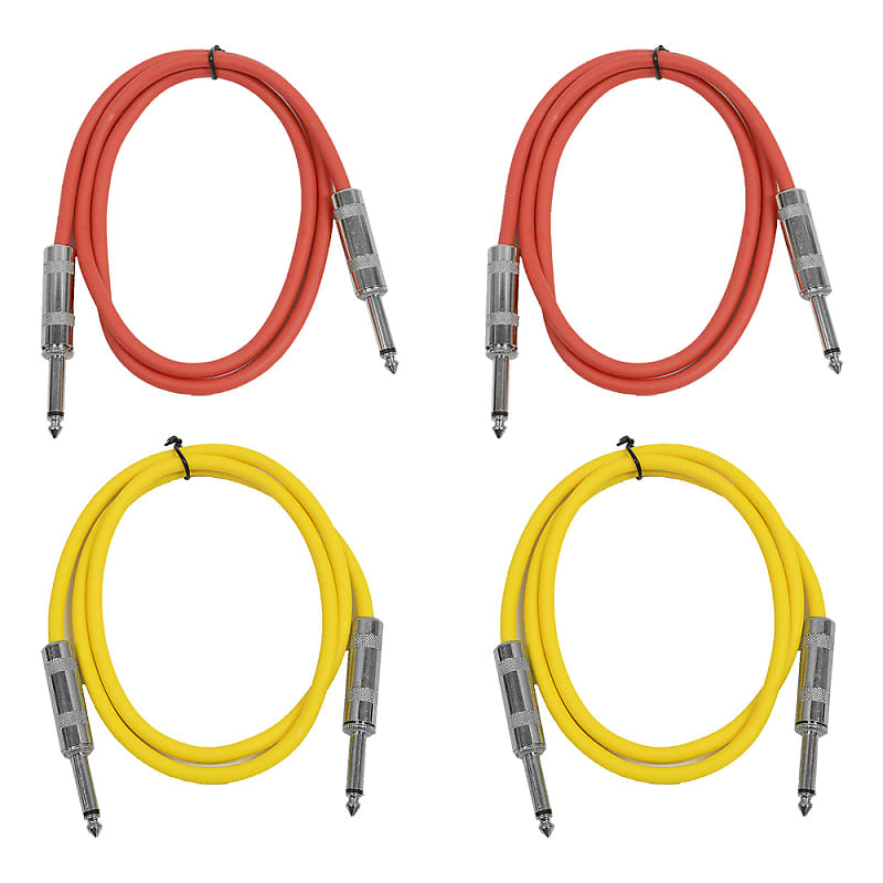 4 Pack of 2 Foot 1/4" TS Patch Cables 2' Extension Cords Jumper - Red & Yellow image 1