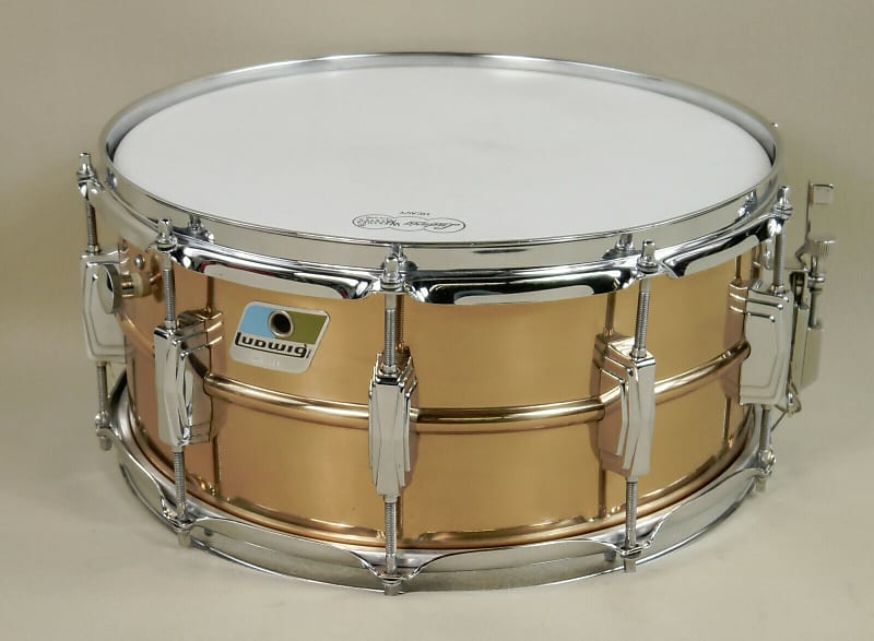 Ludwig No. 552 Bronze 6.5x14" Snare Drum with Rounded Blue/Olive Badge 1981 - 1984 image 3