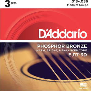 D'Addario EJ17-3D Phosphor Bronze Acoustic Guitar Strings 3-Pack, Medium Gauge