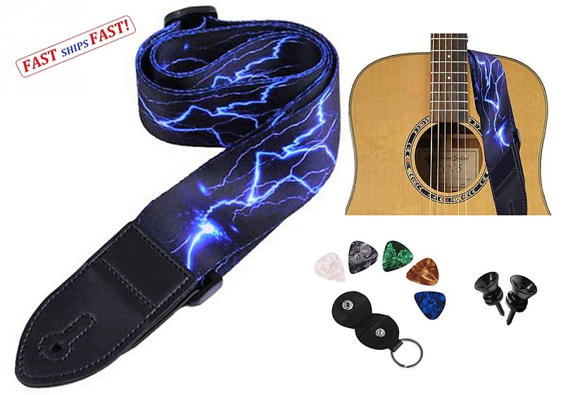 Black & Blue Nylon Guitar Strap Belt Lightning Thunder + Picks + Picks Holder. SHIPS FAST! image 1