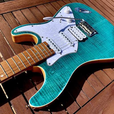 Aria Pro II 714-MK2 TQBL FULLERTON Turquoise Blue Flame Top Guitar *Demo Video Inside* image 5