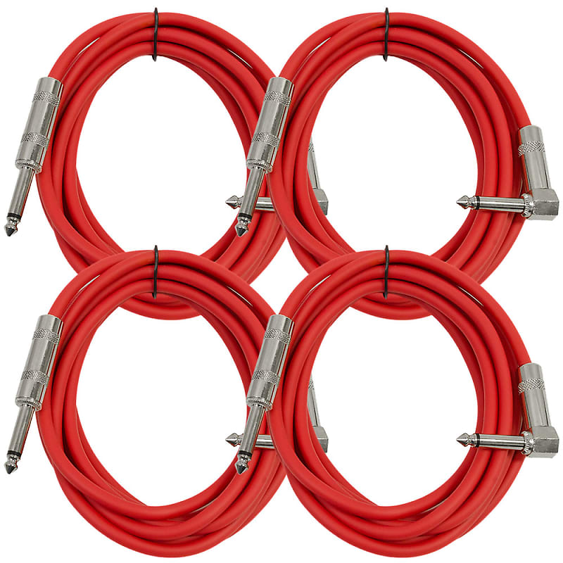 4 Pack - 10' Red Guitar Cable TS 1/4" to Right Angle - Instrument Cord image 1