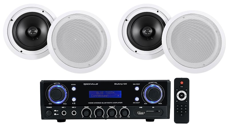 Rockville BLUAMP 100 Home Stereo Receiver Amplifier + (4) 8&quot; Ceiling Speakers  			