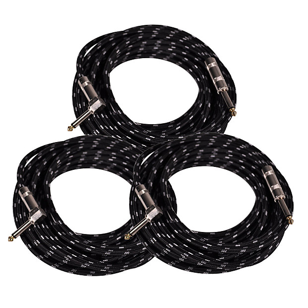 Seismic Audio SAGCRBK-20-3PK Straight to Right-Angle 1/4" TS Woven Cloth Guitar/Instrument Cables - 20" (3-Pack) image 1
