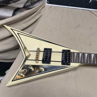 Jackson RR5 RR-5 Randy Rhoads Flying V Guitar with Case MIJ Japan maybe 1996? 2006? White/Gold/Pinstripes image 2