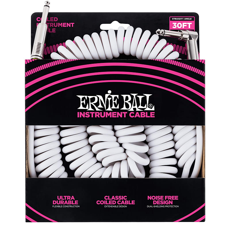 Ernie Ball 30' Coiled Straight / Angle Instrument Cable - White