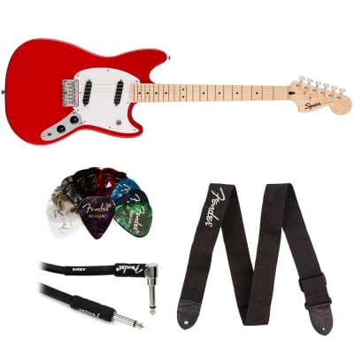 Squier Sonic Mustang Electric Guitar with Flash Pink, Maple Fingerboard Bundle with Fender Logo Guitar Strap Black, Fender 12-Pack Celluloid Picks, and Straight/Angle Instrument Cable | Reverb Squier Sonic Mustang Electric Guitar with Flash Pink, Maple Fingerboard Bundle with Fender Logo Guitar Strap Black, Fender 12-Pack Celluloid Picks, and Straight/Angle Instrument Cable | Reverb