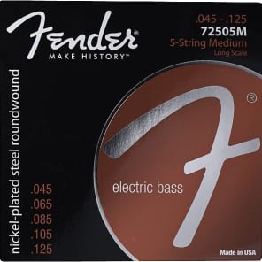 Fender 7250 Bass Strings, Nickel Plated Steel, Long Scale, 7250-5M .045-.125 Gauges, (5) Standard