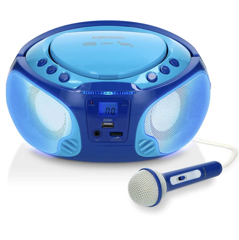 Poland Playback, CD, Party Lights, and Boombox SCD-650 Lenco Karaoke USB Radio, Wired Stereo Disco with Kids Reverb FM Microphone - Blue, Portable | MP3,