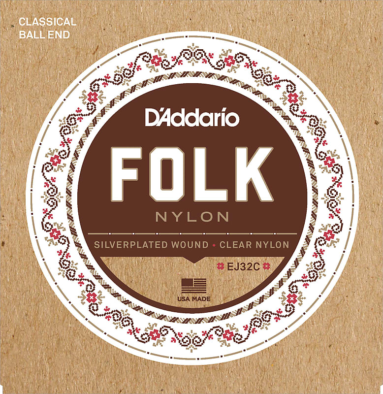 D'Addario EJ32C Folk Nylon Guitar Strings, Ball End, Silver Wound/Clear Nylon T