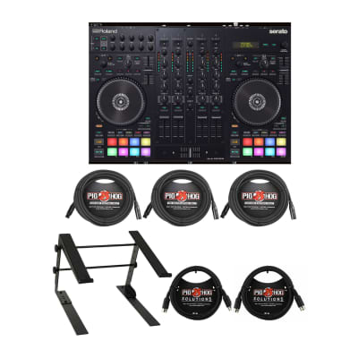 Roland DJ-707M Four-Channel, Four-Deck Serato DJ Controller with Laptop Stand, XLR Cables (3) and MIDI Cables (2) (7 Items)