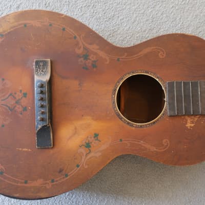 Vintage 1930s Supertone Hawaiian Acoustic Parlor Guitar Stencil Beatup Worn In Prop Artwork image 2