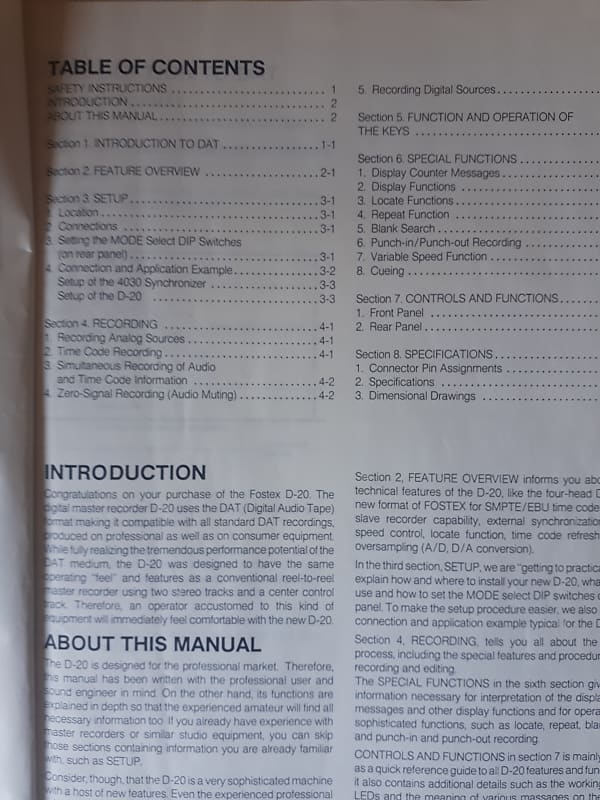 Owner's Manual for Fostex D-20 Digital Master Recorder 1989