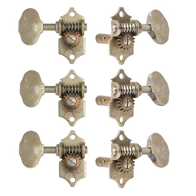 Waverly 3-On-Plate Guitar Tuners with Ivoroid Knobs for Slotted Pegheads,  Brass
