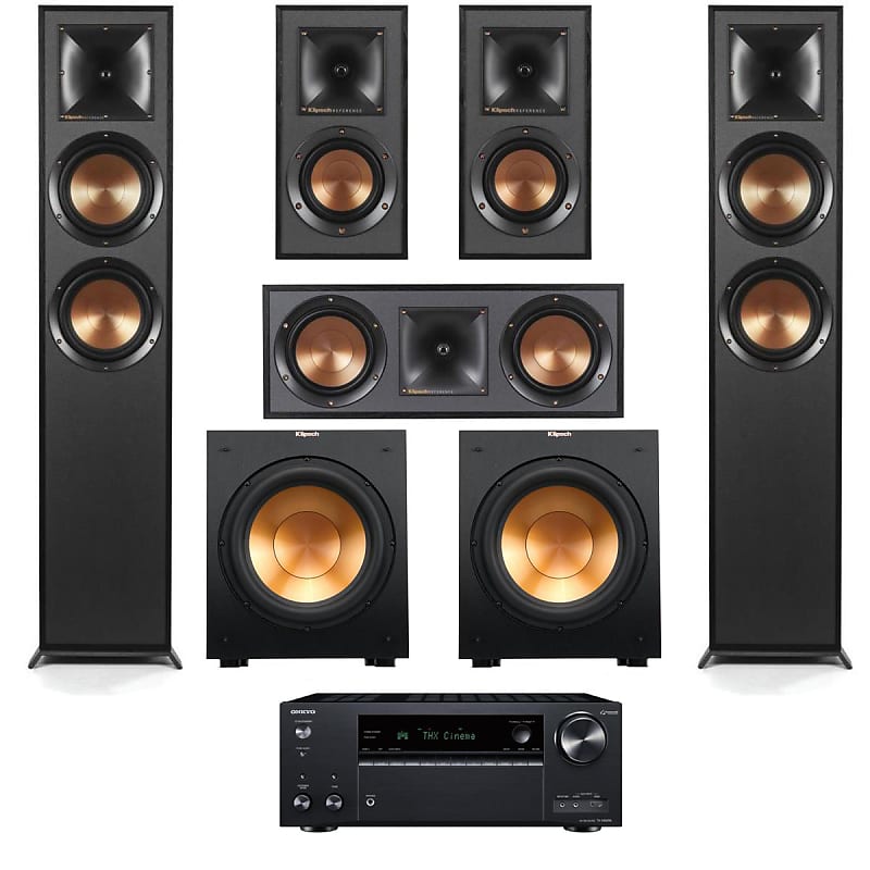 Klipsch Klipsch Reference 5.2 Home Theater System, Bundle with 2x R-625FA Floorstanding Speaker, 2x R-12SW Subwoofer, R-52C Center Channel, R-41M Bookshelf Speaker Pair, 7.2-Channel Receiver, Black  			