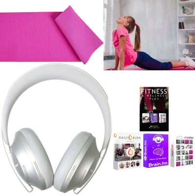 Bose Noise-Canceling Headphones 700 Bluetooth Headphones (Silver) + Vivitar PFV8277 5mm High Density Foam Exercise Roll Up Mat Slip Resistant Surface Pink for Yoga Exercises + 92783 Fitness and Wellness Plus Software Suite image 1