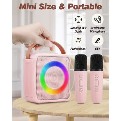 Mini Karaoke Machine For Kids Adults, Portable Bluetooth Speaker With 2 Wireless Microphones, Microphone Speaker Set With Led Disco Lights For Home Party, Birthday Gifts For Girls Boys Kid(Pink) image 4