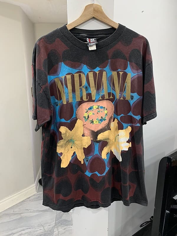 Vintage 1993 Nirvana Heart Shaped Box ALL Ober Print Tee Shirt Band Kurt XL