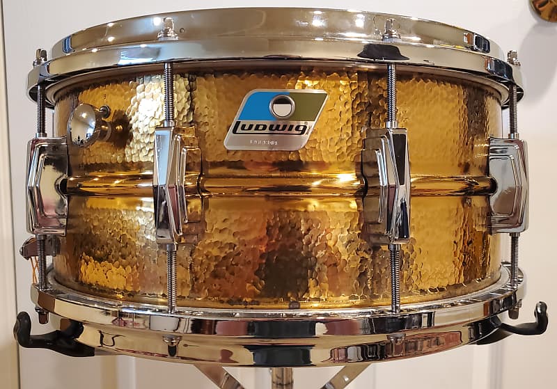 Ludwig No. 552K Hammered Bronze 6.5x14" Snare Drum with Rounded Blue/Olive Badge 1982 - 1984	 image 1