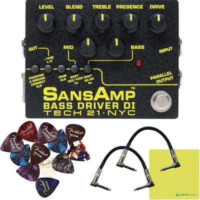 Tech 21  SansAmp Bass Driver DI V2 Pedal Bundle w/ Patch Cables, 12-Pack Fender Guitar Picks & Liquid Audio Polishing Cloth (Patch Cables & Picks Bundle) image 1