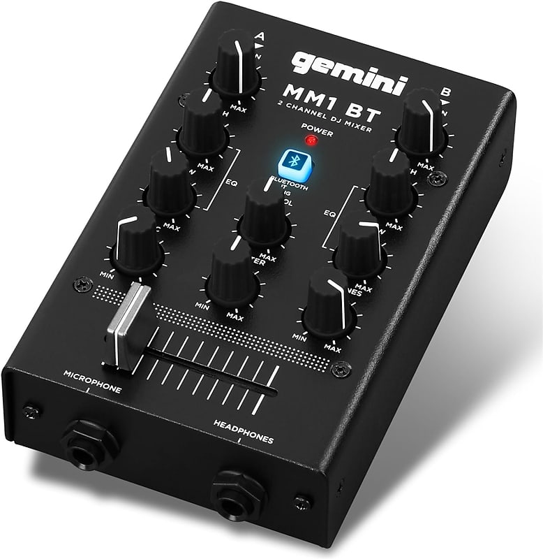 Gemini Sound MM1BT Bluetooth Professional Audio 2-Channel Dual Mic Input Stereo 2-Band Rotary Compact DJ Podcast Mixer with Cross-Fader and Individual Gain Control image 1