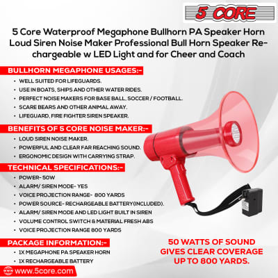 5 Core Megaphone Handheld Bullhorn 50W Portable Loudspeaker Waterproof Lightweight MegaPhono with Flashlight Adjustable Volume Alarm Siren for Indoor & Outdoor use HW 18 WP RED image 2