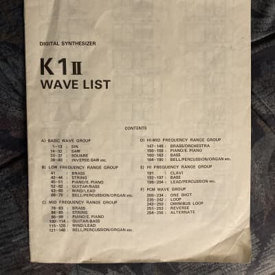 Kawai K1II Wave List Original Owners Manual / User Manual