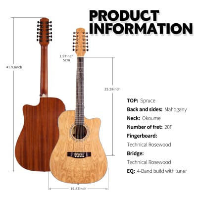 TARIO 12 Strings Acoustic Electric Cutaway Guitar Curly Ash Top Mahogany back & sides Okoume Neck image 3
