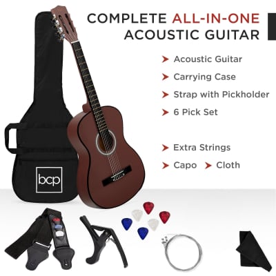 Best Choice Products Beginner Acoustic Guitar Set w/ Case, Strap, Strings - 38in-Natural Mahogany image 16