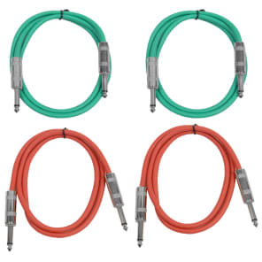 Seismic Audio SASTSX-2-2GREEN2RED 1/4" TS Male to 1/4" TS Male Patch Cables - 2' (4-Pack)