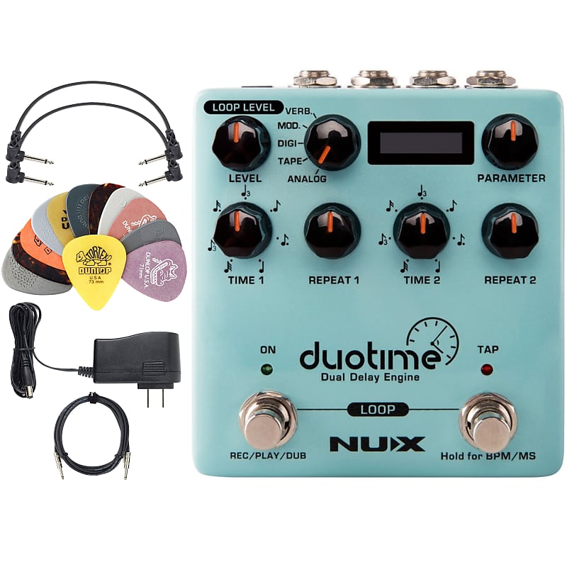 NUX DUOTIME (NDD-6) Duotime Dual Delay Pedal Engine Stereo Delay + 2 Patch  Cables, Power Supply, Picks and Cable