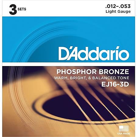 D'Addario EJ16-3D 12-53 Light, Phosphor Bronze Acoustic Guitar Strings 3-Pack