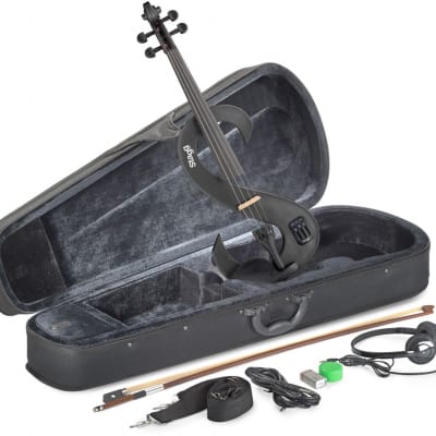 Stagg 4/4 electric violin set w/ S-shaped metallic blue electric violin, soft case & headphones image 1