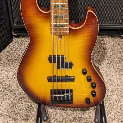 IYV 5-String Jazz Bass - PJ Pickups | Push/Pull for Passive/Active | 3-Band Active EQ | Flame Maple Top & Roasted Maple Neck with Abalone Block Inlays for sale