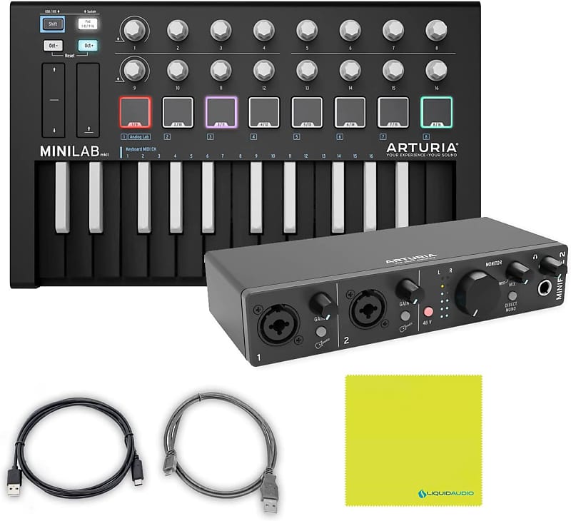 Arturia MiniLab 3 Compact MIDI Keyboard and Pad Controller (White) Bundle  with 6ft MIDI Cable & Cleaning Cloth (3 Items) 