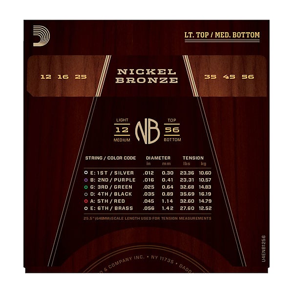 D'Addario NB1256 Nickel Bronze Acoustic Guitar Strings Lt Top/Med Bottom 12-56