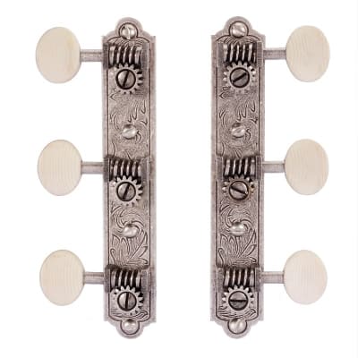 Golden Age Restoration Tuners for Solid Peghead Guitar with Engraved Bell-end, Relic Nickel with Ivoroid Knobs image 1