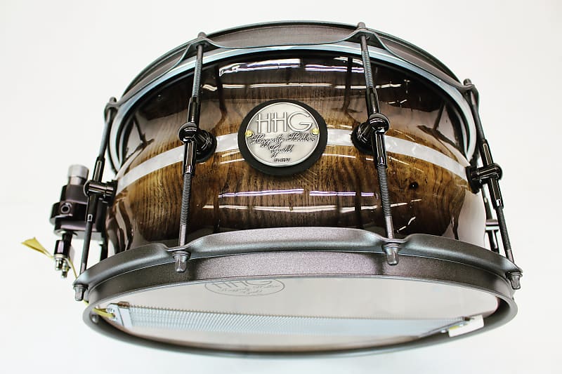 HHG Drums 14x7 Contoured White Oak Stave Snare Drum, High Gloss Whisky Burst with White Marine Pearl image 1