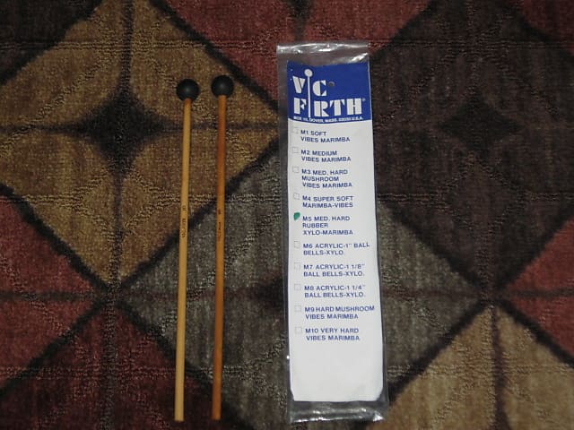 ONE pair new old stock (with packaging) Vic Firth M5 American Custom Keyboard Medium Hard Rubber Mallets, 1" Balls, for Xylophone (Xylo), Marimba, and Vibes. (VIC-M5) black hard rubber 1" balls, birch natural wood shafts (sticks) image 1