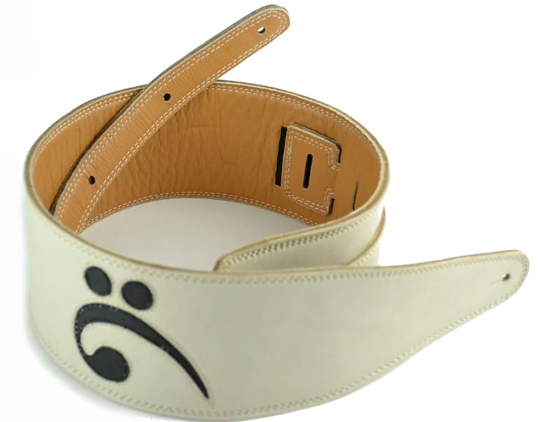 3.5" White with Black Bass Clef Leather Guitar Strap (Wide Model) image 1