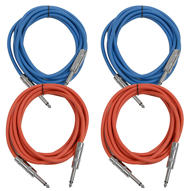 4 Pack of 10 Foot 1/4" TS Patch Cables 10' Extension Cords Jumper - Blue & Red image 1