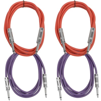 4 Pack of 6 Foot 1/4" TS Patch Cables 6' Extension Cords Jumper - Red & Purple image 1