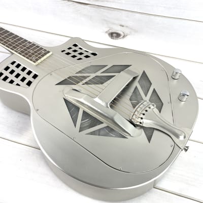 Royall Resonators Trifecta Relic Brushed Steel Finish 14 Fret Cutaway Brass Tricone Guitar With Resophonic Pickup image 3
