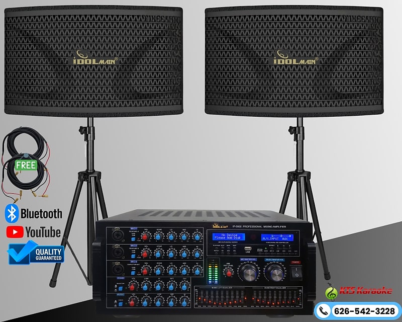 4000W 12-inch Full Range Speaker With Bass Booster Pair With 6000W Mixing Amplifier With Bluetooth, HDMI, Optical Input, Recording Home Karaoke System  			