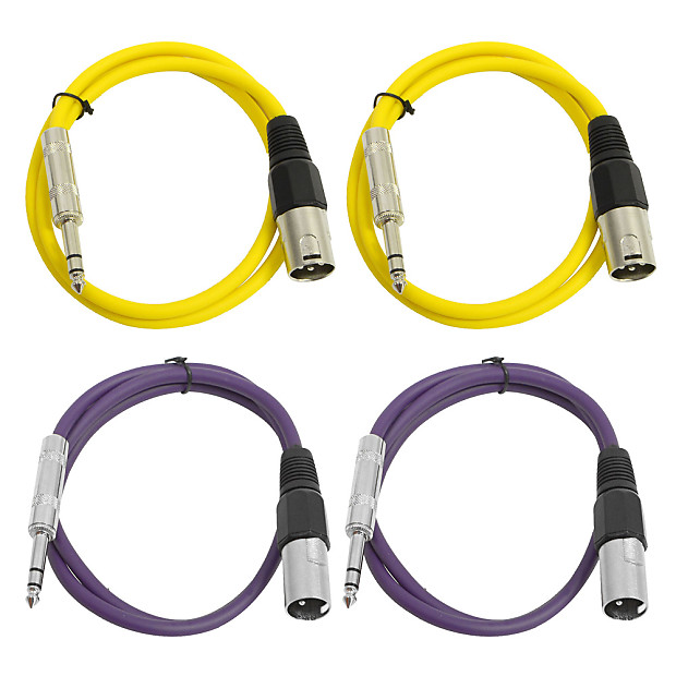Seismic Audio SATRXL-M3-2YELLOW2PURPLE 1/4" TRS Male to XLR Male Patch Cables - 3' (4-Pack) image 1