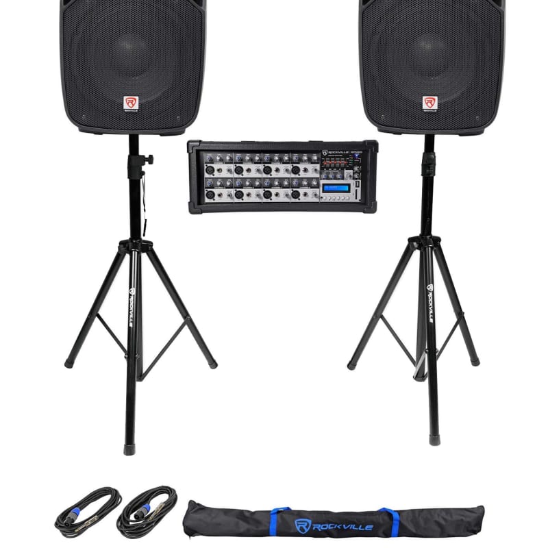 2 Rockville SPGN104 10 800w DJ PA Altavoces+Rocville RPA5 1000w  Amplificador+Soportes