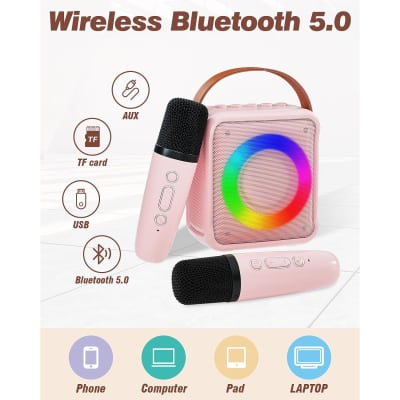 Mini Karaoke Machine For Kids Adults, Portable Bluetooth Speaker With 2 Wireless Microphones, Microphone Speaker Set With Led Disco Lights For Home Party, Birthday Gifts For Girls Boys Kid(Pink) image 3