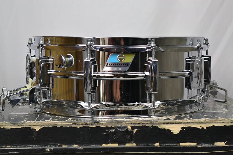 Ludwig No. 410 Super-Sensitive 5x14" Aluminum Snare Drum with Pointed Blue/Olive Badge 1969 - 1979 image 3